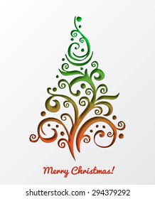 Christmas card with colored isolated christmas tree and star in cut paper style. Vector illustration.