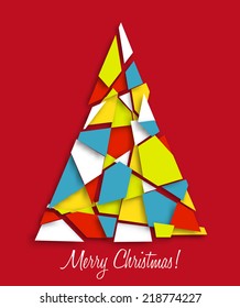 Christmas card with colored christmas tree. Vector illustration.