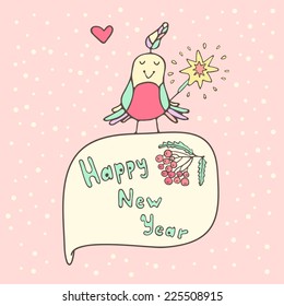 Christmas card with colorful bird and a sparkler on a pink background