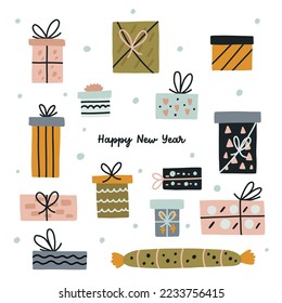 Christmas card with colorful gift box with lettering Happy New Year. Presents flat vector Birthday party Christmas isolated design