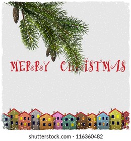 Christmas card with colorful houses and branch of fir. Vector paper-art