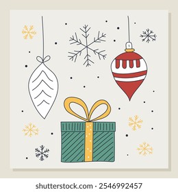 Christmas card with colorful illustrations of a Christmas gift, holiday ornaments and Christmas tree decorations. Ideal for holiday greetings and seasonal decor.