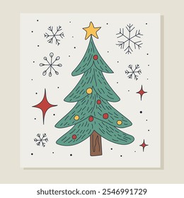 Christmas card with colorful illustrations of a Christmas tree. Ideal for holiday greetings and seasonal decor.