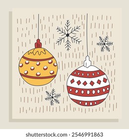 Christmas card with colorful illustrations of Christmas tree decorations surrounded by snowflakes. Ideal for holiday greetings and seasonal decor.