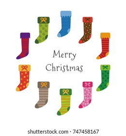 Christmas card with colorful patterned Christmas stockings illustration