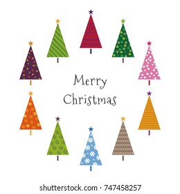 Christmas card with colorful patterned Christmas trees illustration