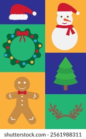 Christmas card with colorful squares representing typical Christmas elements, including Santa hat, snowman, wreath, gingerbread man, Christmas tree and reindeer antlers