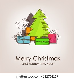 Christmas card with colorful christmas tree and gifts