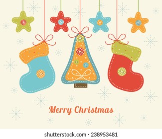 Christmas card with colorful Christmas tree, socks and stars.