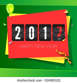 Christmas card with coming 2017 year. Bright background with serpentine, ribbons and balloons. Vector illustration, template for your greeting cards with scoreboard