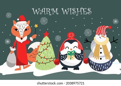 Christmas card with a company of a fox, a penguin and a snowman, a Christmas tree, the inscription Warm wishes.