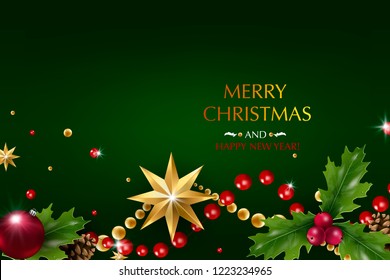 Christmas card with a composition of festive elements such as gold star, berries, decorations for the Christmas tree, pine branches. Chic Christmas card. Merry Christmas and Happy New Year.