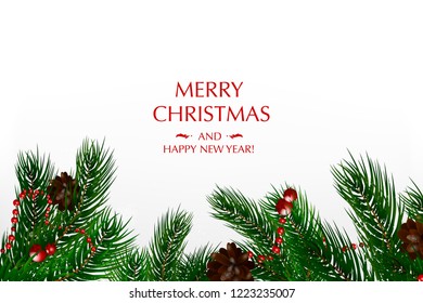 Christmas card with a composition of festive elements such as gold star, berries, decorations for the Christmas tree, pine branches. Chic Christmas card. Merry Christmas and Happy New Year.