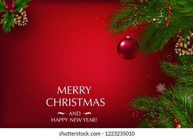 Christmas card with a composition of festive elements such as gold star, berries, decorations for the Christmas tree, pine branches. Chic Christmas card. Merry Christmas and Happy New Year.