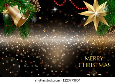 Christmas card with a composition of festive elements such as gold star, berries, decorations for the Christmas tree, pine branches. Merry Christmas and Happy New Year. Vector glitter decoration, gold