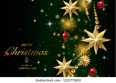 Christmas card with a composition of festive elements such as gold star, berries, decorations for the Christmas tree, pine branches. Merry Christmas and Happy New Year. Vector glitter decoration, gold