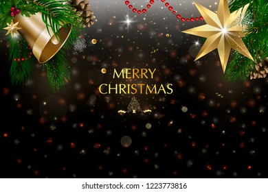 Christmas card with a composition of festive elements such as gold star, berries, decorations for the Christmas tree, pine branches. Merry Christmas and Happy New Year. Vector glitter decoration, gold