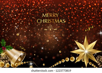 Christmas card with a composition of festive elements such as gold star, berries, decorations for the Christmas tree, pine branches. Merry Christmas and Happy New Year. Vector glitter decoration, gold