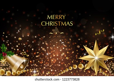 Christmas card with a composition of festive elements such as gold star, berries, decorations for the Christmas tree, pine branches. Merry Christmas and Happy New Year. Vector glitter decoration, gold
