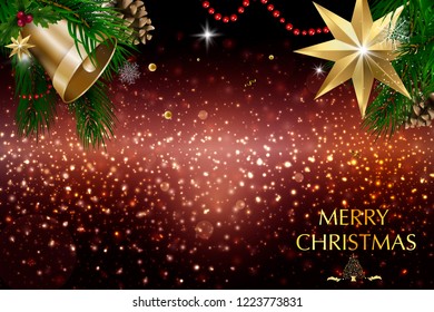 Christmas card with a composition of festive elements such as gold star, berries, decorations for the Christmas tree, pine branches. Merry Christmas and Happy New Year. Vector glitter decoration, gold