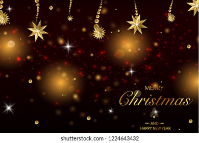 Christmas card with a composition of festive elements such as gold star, berries, decorations for the Christmas tree, pine branches. Merry Christmas and Happy New Year. Vector glitter decoration, gold