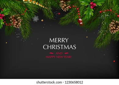 Christmas card with a composition of festive elements such as gold star, berries, decorations for the Christmas tree, pine branches. Merry Christmas and Happy New Year. Vector glitter decoration, gold
