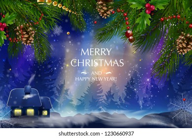 Christmas card with a composition of festive elements such as gold star, berries, decorations for the Christmas tree, pine branches. Merry Christmas and Happy New Year. Vector glitter decoration, gold