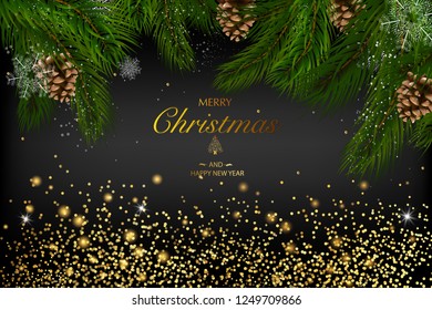 Christmas card with a composition of festive elements such as gold star, berries, decorations for the Christmas tree, pine branches. Merry Christmas and Happy New Year. Vector glitter decoration, gold