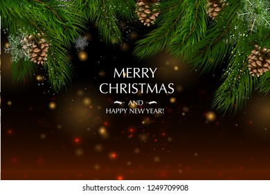 Christmas card with a composition of festive elements such as gold star, berries, decorations for the Christmas tree, pine branches. Merry Christmas and Happy New Year. Vector glitter decoration, gold