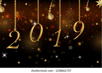 Christmas card with a composition of festive elements such as gold star, berries, decorations for the Christmas tree, pine branches. Merry Christmas and Happy New Year. Vector glitter decoration, gold