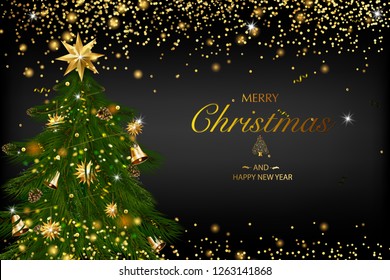 Christmas card with a composition of festive elements such as gold star, berries, decorations for the Christmas tree, pine branches. Merry Christmas and Happy New Year. Vector glitter decoration, gold