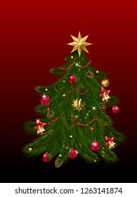 Christmas card with a composition of festive elements such as gold star, berries, decorations for the Christmas tree, pine branches. Merry Christmas and Happy New Year. Vector glitter decoration, gold