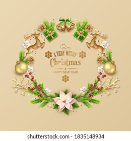 Christmas card with composition made of pine branches, gold figurine of a deer and decorations