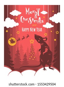 Christmas card concept with handwritten text "Merry Christmas and Happy New Year" in paper cut style with symbol of the year of the rat, Santa Claus sleigh, deer, festive tree. Vector illustration.
