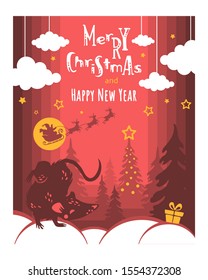 Christmas card concept with handwritten text "Merry Christmas and Happy New Year" in paper cut style with symbol of the year of the rat, Santa Claus sleigh, deer, festive tree. Vector illustration.