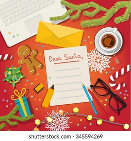 Christmas card concept. Merry Christmas Wish List To Santa Clause on red background. Flat design, vector illustration