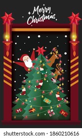 Christmas card concept, Santa claus and reindeer on abstract background with text merry christmas light,gift,snow,star,Christmas tree, design for web banner, poster, and new year festival.
