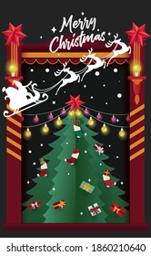 Christmas card concept, Santa claus and reindeer on abstract background with text merry christmas light,gift,snow,star,Christmas tree, design for web banner, poster, and new year festival.