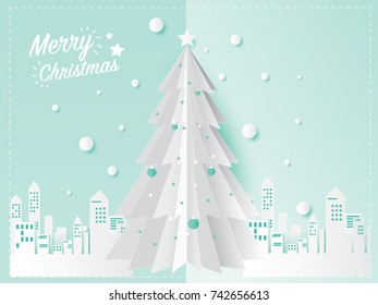 Christmas card concept and Christmas tree in the city with snow design for festival in winter season. craft paper art style. Vector illustration.