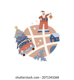 Christmas card concept with winter map . Cozy Infographics templates with Santa, house, streets, house, Christmas tree, decoration. Flat hand drawnvector illustration. Hipster cute modern style.