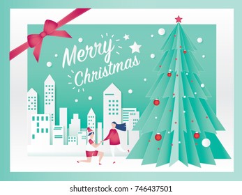 Christmas card concept and young joyful couple with Christmas tree design for Christmas festival in winter season. craft paper art style. Vector illustration.
