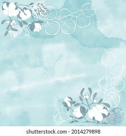 Christmas card with cones, mistletoe, eucalyptus branch and cotton on blue watercolor background. Can be greeting card, invitation, design element.  Corner composition with place for text.