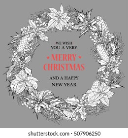 Christmas card.Fir cones, poinsettia, holly,  mistletoe.It is drawn by hand, for the design of brochures, banners, flyers