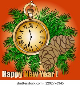 Christmas card with cones, Christmas trees and watches
