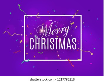 Christmas card with confetti and ribbons. Colorful bright confetti isolated on beautiful background. Festive vector illustration. Celebration and party.