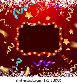 Christmas card with confetti and ribbons. Christmas red and gold frame on a festive red background. Vector illustration EPS 10