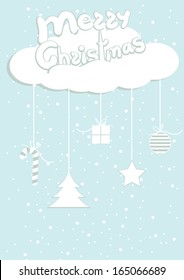 Christmas Card with a congratulation on which Christmas toys suspended from the white cloud on blue background. Vector illustration.