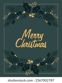 	
Christmas card. Congratulation text in a frame made of cones, fir branches and yellow holly berries. Poster, vector