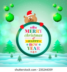 Christmas card of congratulations with a bear with Christmas balls and scenery