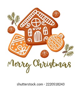 Christmas card with cookie. Hand painted composition with gingerbread cookie and pine branches isolated on white background. Food illustration for design, print, fabric or background